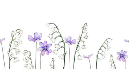 Seamless border watercolor spring flowers. Coppice, hepatica - first spring flowers. Spring lily of the valley Illustration of delicate lilac flowers. Hand drawn texture with white and violet flowers