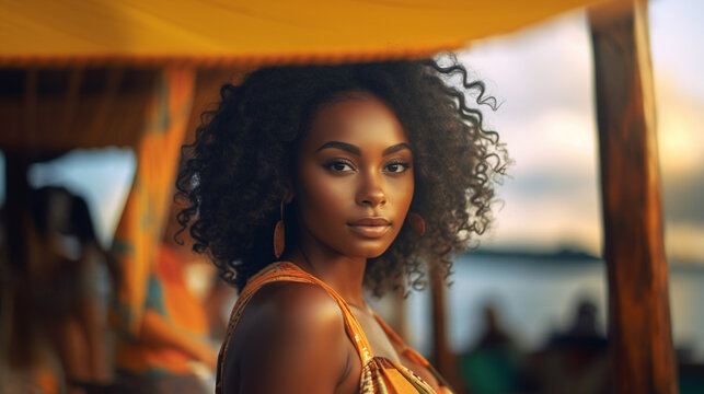 a young adult woman with dark skin color, tropical South American or Brazilian, curly hair, summer dress