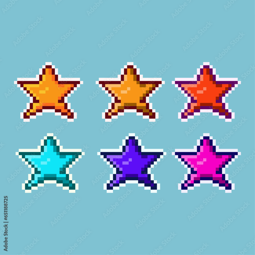 Poster pixel art sets of star with variation color items asset. simple star on pixelated style.8bits perfec