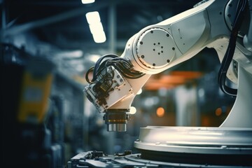 Precise robotic manipulator machine welding hand at factory's assembly line manufacturing process. Innovative advanced technologies robot arm helping people increase production factory effectiveness