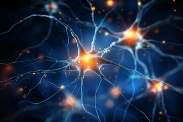 Neuron cells neural network under microscope neuro research science brain signal information transfer human neurology mind mental impulse biology anatomy microbiology intelligence connection system - obrazy, fototapety, plakaty