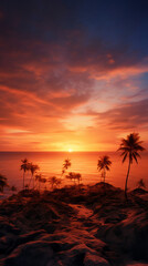 Fototapeta na wymiar A breathtaking sunset over the ocean with majestic palm trees silhouetted against the colorful sky