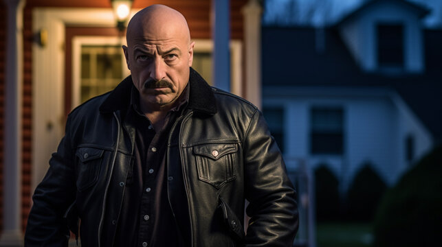 A criminal man with a mustache and bald head, Caucasian, mafia or gang crime or burglar or criminal