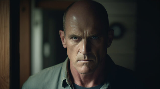 An Older Man With A Grim Look And Facial Expression, Bald Head, Angry Or Angry, Indoor In The Dark Late