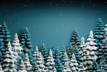 New Year greeting card. Snow-covered Christmas trees on a blue background with a copy space
