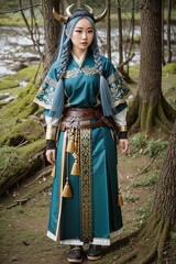 Oriental girl, viking, outfit, forest,