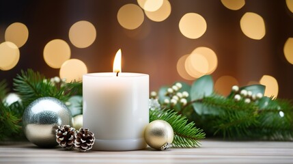  a lit candle surrounded by christmas decorations and lights in the background.  generative ai