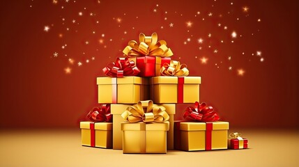Fototapeta premium Gold Christmas gift box with red ribbon 3D, sparkling background 