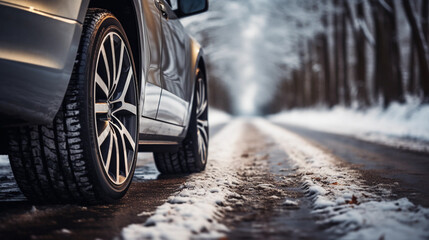Car tires on winter snowy road covered with snow, low angle side view - obrazy, fototapety, plakaty