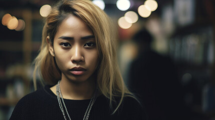 young adult woman Indonesian or Asian or Arabic, everyday life, sad depressed or listless unmotivated, works as a waitress and cashier in a small shop