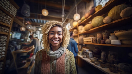 young adult woman is a customer in an alternative decoration shop or souvenir shop or works in a small decoration shop or is self-employed