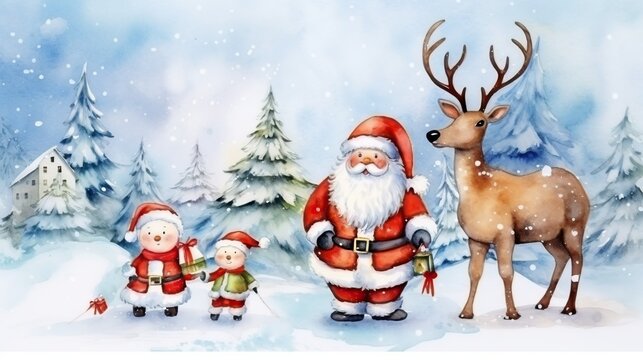 Merry Christmas, Santa claus with elf and reindeer in snow land, cartoon illustration