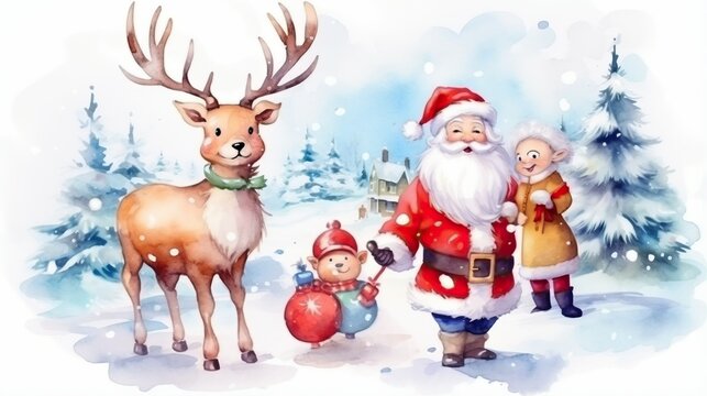 Merry Christmas, Santa claus with elf and reindeer in snow land, cartoon illustration