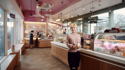 young adult woman Asian or Indonesian or Afro-American, working as a waitress and cashier in a cafe or candy store, pastel pink