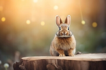 Obraz premium The Cute rabbit sit on the wood, light bokeh form nature background
