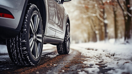 Car tires on winter snowy road covered with snow, low angle side view