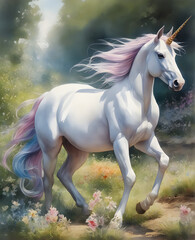 Obraz na płótnie Canvas A beautiful magical unicorn jumps across the field. generative AI