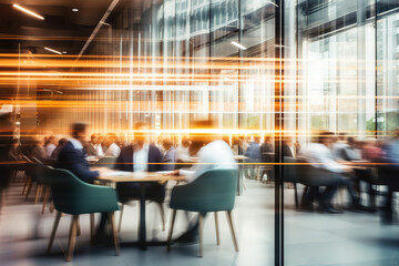 Group of employees during business meetings in modern interior. Motion blur, unrecognizable business people.