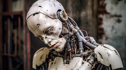 A scary looking female robot, white color, metal skeleton human-like, humanoid android robot, damaged or obsolete, war robot