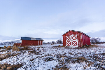 red barn in winter