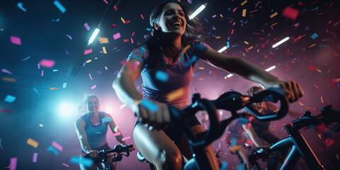 Cheerful young woman riding stationary indoor bike on cycling class with dramatic atmosphere.