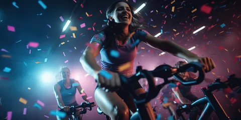 Foto op Plexiglas Cheerful young woman riding stationary indoor bike on cycling class with dramatic atmosphere. © Bojan