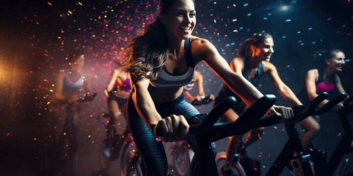 Attractive young women riding stationary indoor bikes on cycling class.