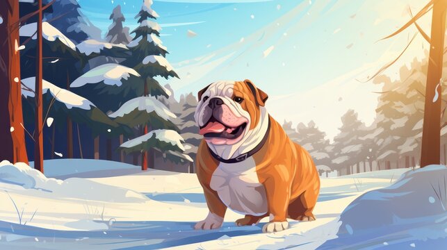Happy British Bulldog in snowy winter forest with sun, flat design style illustration for greeting cards, postcards, flyers, poster, invitation