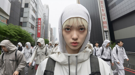 Asian people with light skin color wearing similar clothing with a hood, Asian fictional place, after work leaving an office or industrial area