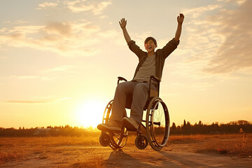 Happy boy with raised hands sitting on wheelchair and enjoying sunset outdoors.