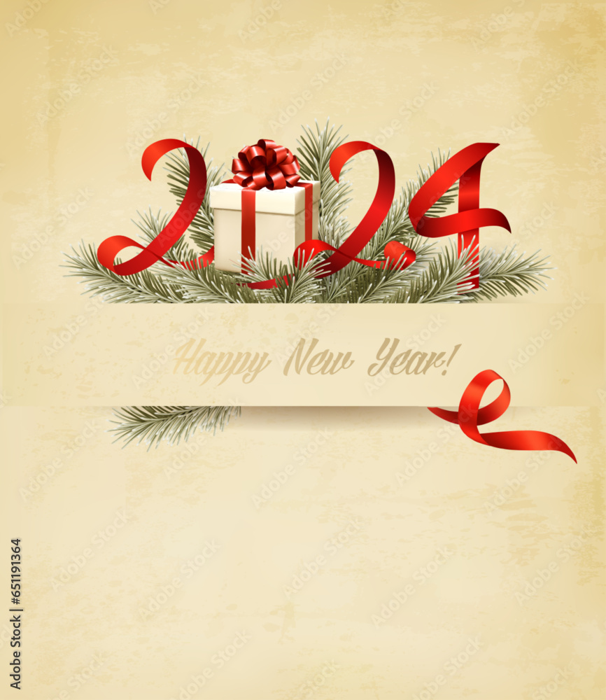 Poster happy new year and christmas retro holiday background with a 2024 and branch of tree and gift box. v