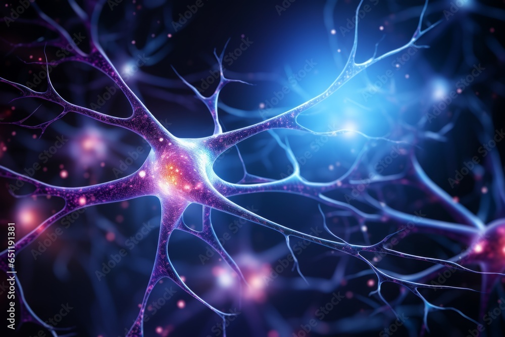 Wall mural neuron cells neural network under microscope neuro research science brain signal information transfe