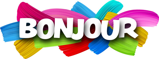 Hello at French paper word sign with colorful spectrum paint brush strokes over white. © Vjom