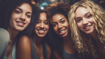 Fototapeta premium group of four people, 4 best friends hugging each other for a selfie photo, in the nightlife, at night