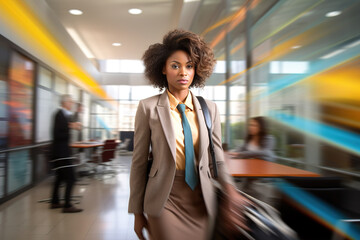 Portrait of african american businesswoman with bag being late for her business meeting. Motion blur.