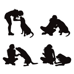 Set of vector silhouettes of girl with her dog on white background. Collection of Labrador Retriever.