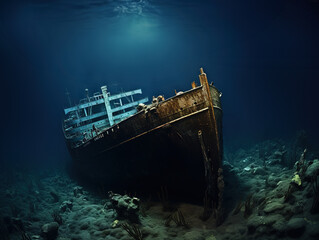 Titanic shipwreck resting on the ocean floor in its current state, surrounded by the depths of the underwater world.