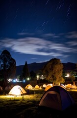Fototapeta na wymiar Starry Skies: Milky Way Over a Tranquil Alpine Campsite
