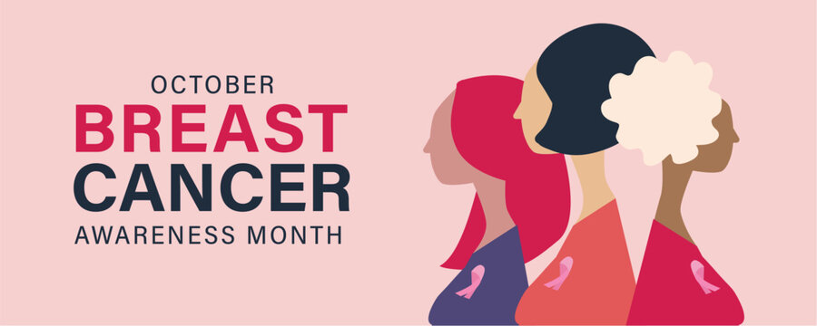 breast cancer awareness month for disease prevention campaign, and diverse ethnic women group with pink support ribbon symbol on chest