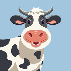 Vector flat cartoon illustration, funny cheerful dairy cow on isolated blue background.
