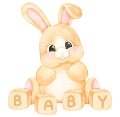 baby rabbit and toys watercolor