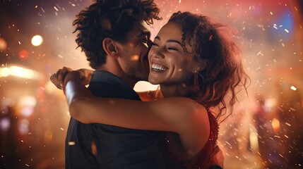 Romantic young couple dancing on New Years Eve, christmas event - obrazy, fototapety, plakaty