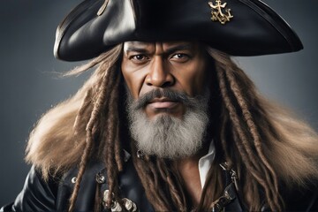 A closeup photo portrait of an oldfashioned Caribbean pirate with long hair and an outfit coat