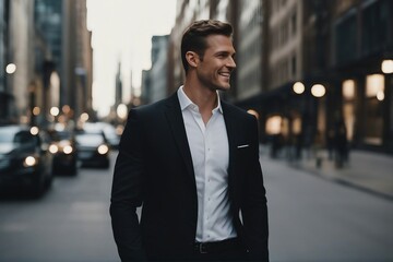Portrait of a handsome smiling young American businessman boss in a black suit walking in a city
