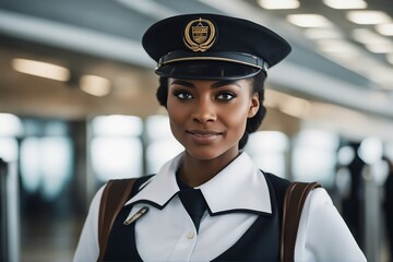 A closeup photo of a beautiful, young, afro-american female standing in uniform - obrazy, fototapety, plakaty
