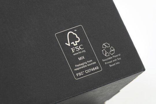 FSC - Forest Stewardship Council - logotype on cardboard package. 100 percent recyclable. Printed with soy based inks. Close up photo . Copenhagen, Denmark - september 2223.