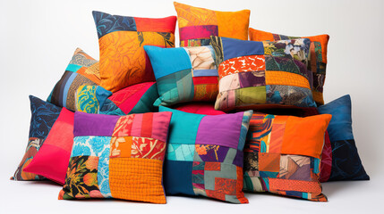 Brightlly and Colorful Pile of Pillows Made From Recycled Patchwork