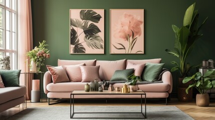 A living room with a pink couch and green walls