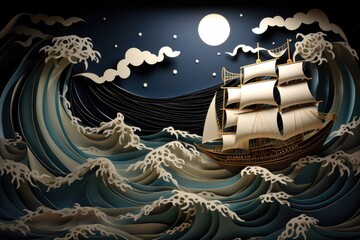 Ship in storm wallpaper. Kirigami paper craft