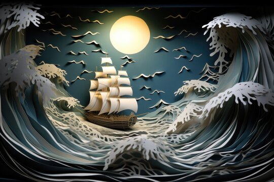 Ship in storm wallpaper. Kirigami paper craft